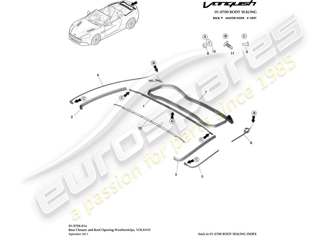 aston martin vanquish (2018) rear closure weatherstrip, volante part diagram