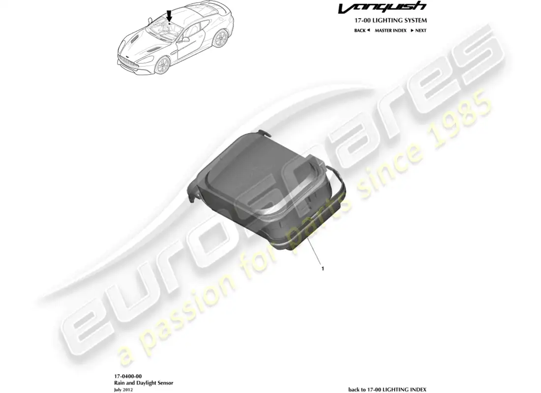 aston martin vanquish (2018) rain & daylight sensor parts diagram