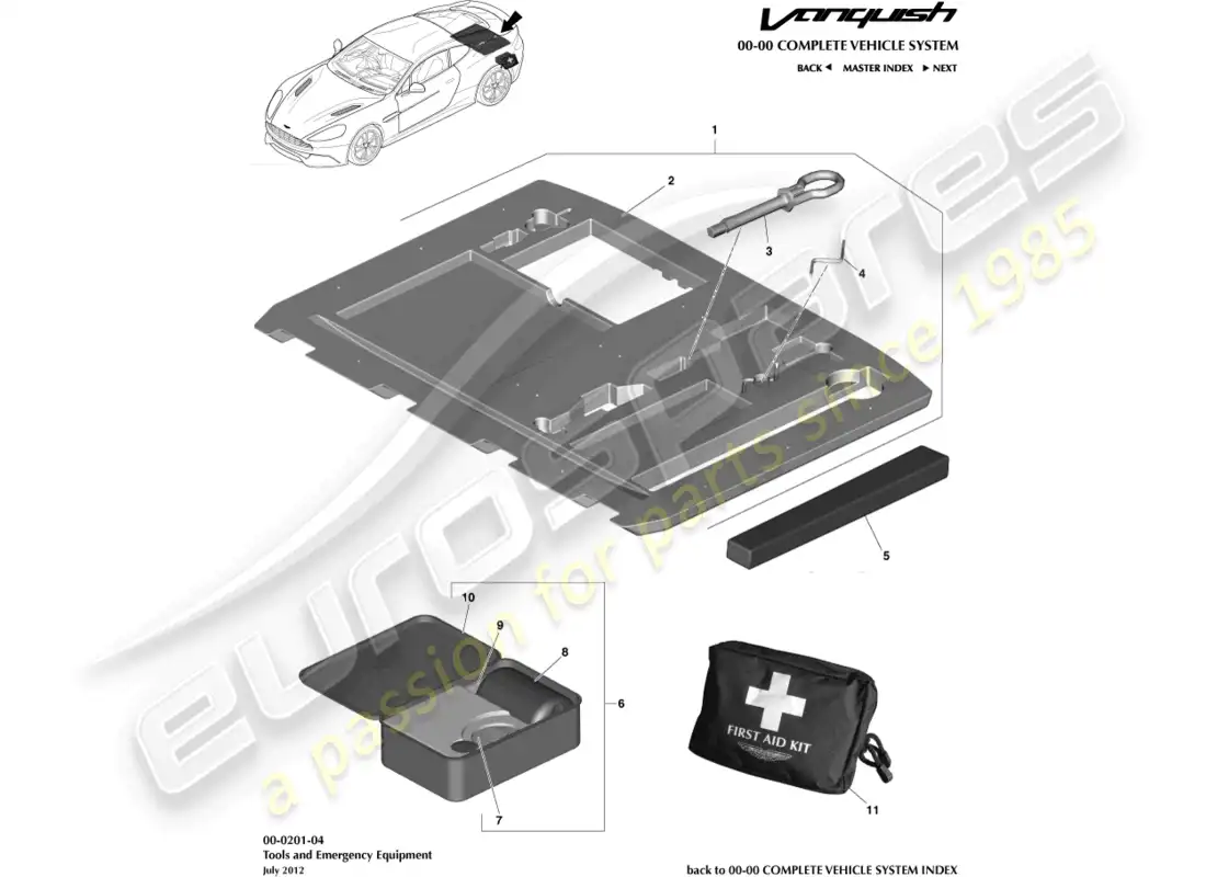 aston martin vanquish (2018) emergency equipment parts diagram
