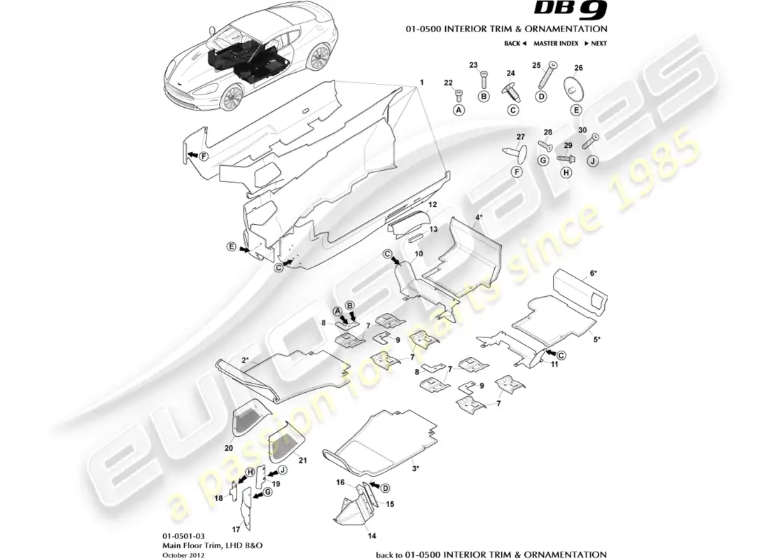 aston martin db9 (2016) main floor trim, lhd, b&o parts diagram