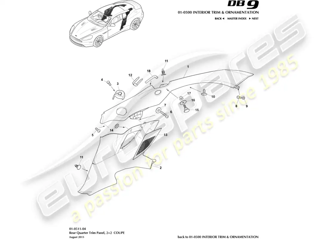 aston martin db9 (2015) rear quarter trim panel, 2+2 coupe parts diagram