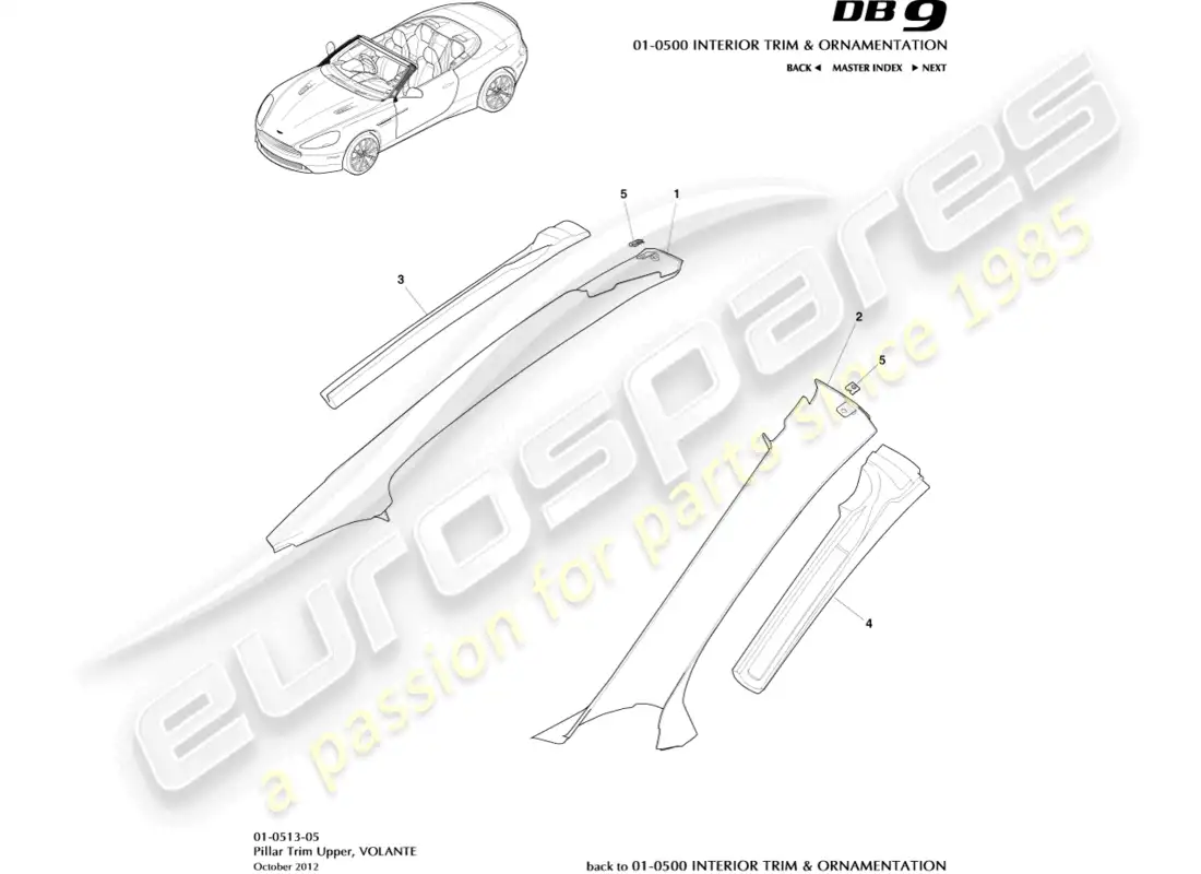 aston martin db9 (2016) pillar trim, upper, volante parts diagram