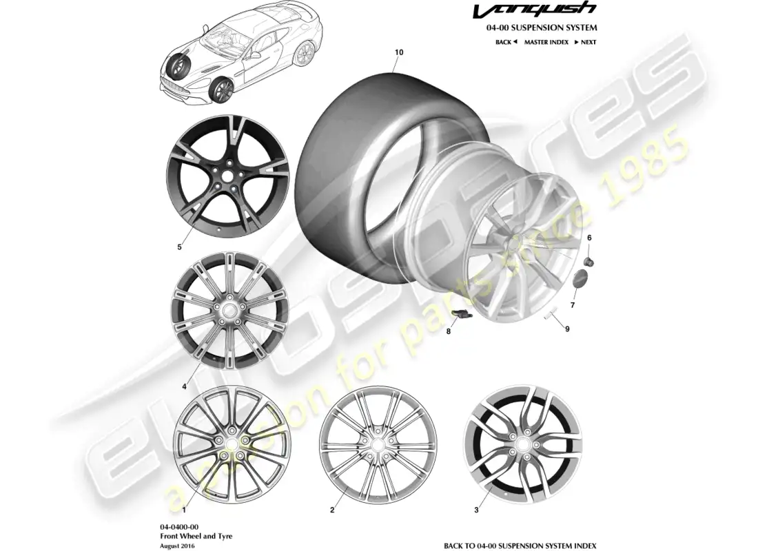 aston martin vanquish (2018) wheel & tyres, front parts diagram
