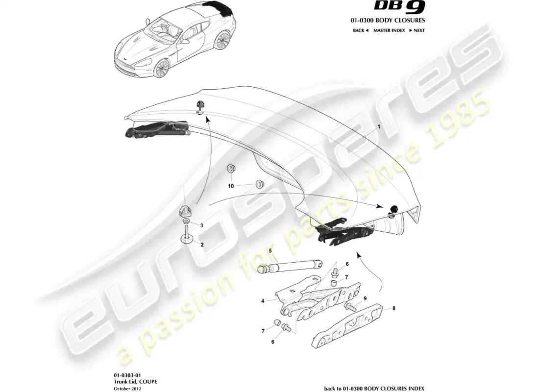 aston martin db9 (2017) trunk lid & hinge, coupe parts diagram