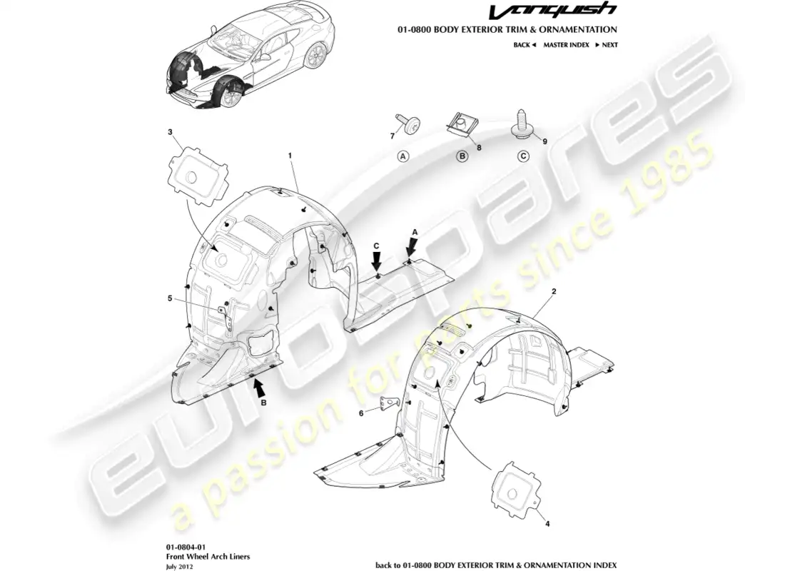 aston martin vanquish (2016) front wheel arch liners parts diagram