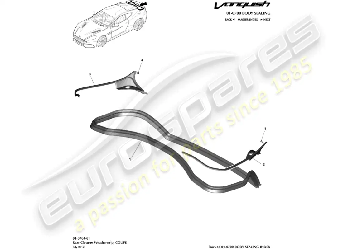 aston martin vanquish (2016) rear closure weatherstrip, coupe parts diagram