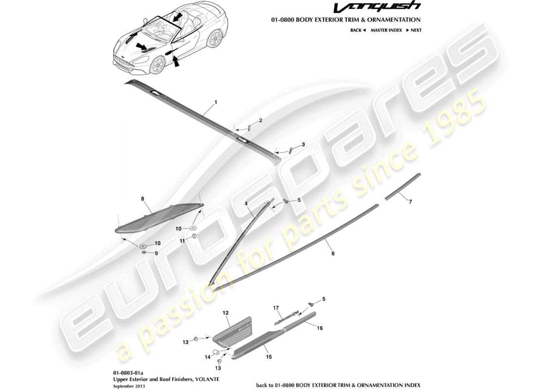 aston martin vanquish (2016) upper exterior finishers, volante part diagram