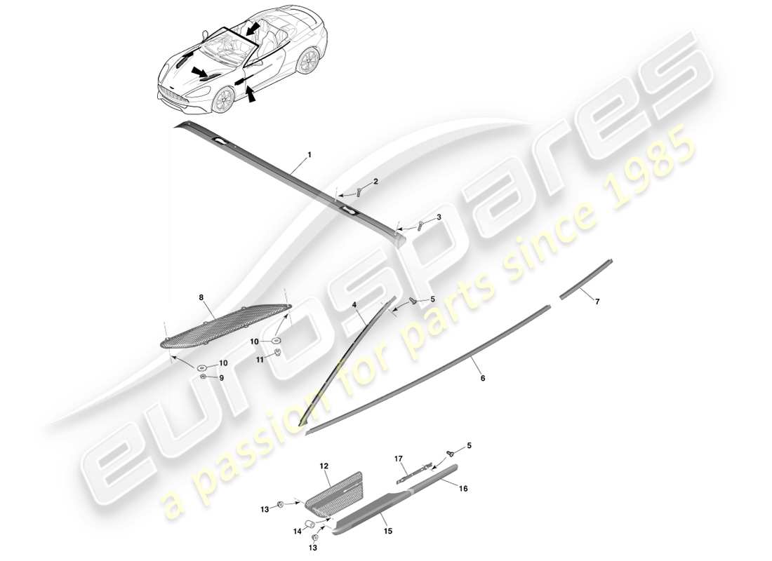 aston martin vanquish (2013) upper exterior finishers, volante part diagram