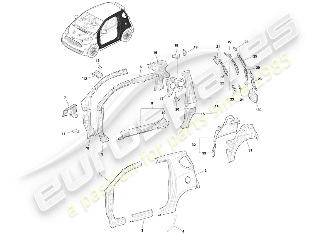 aston martin cygnet (2012) bodyside & quarter panel, lhs parts diagram