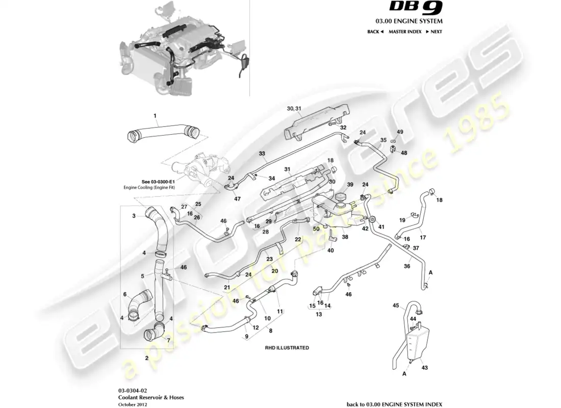 aston martin db9 (2017) coolant reservoir & hoses parts diagram