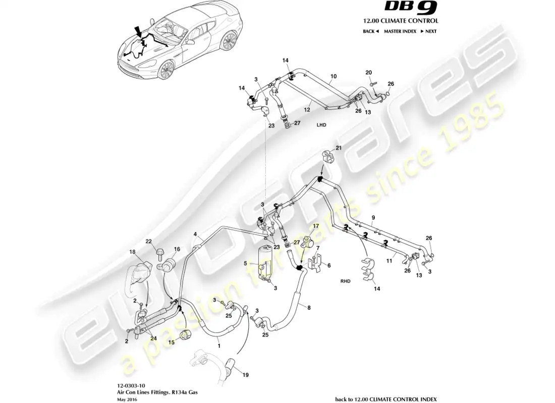aston martin db9 (2013) air con lines, r134a gas parts diagram