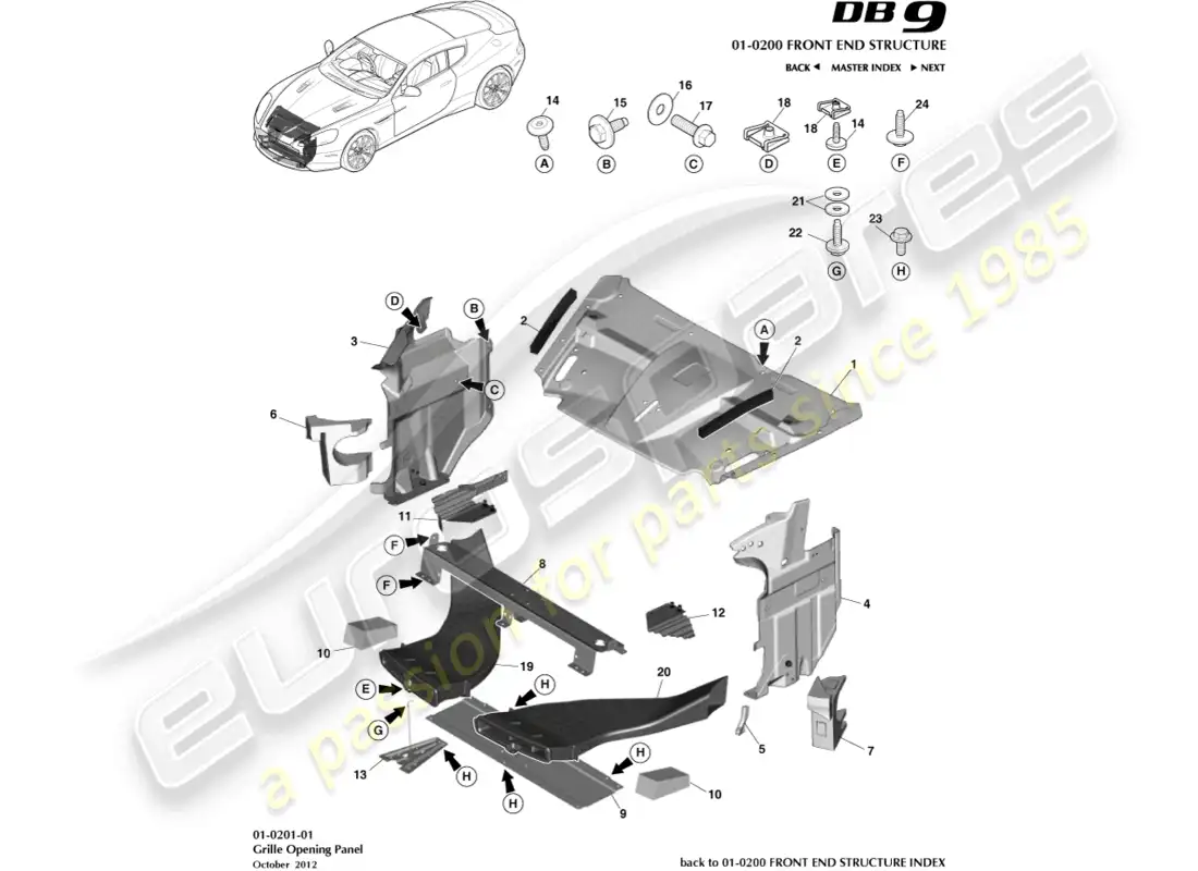 aston martin db9 (2015) grille opening panel parts diagram