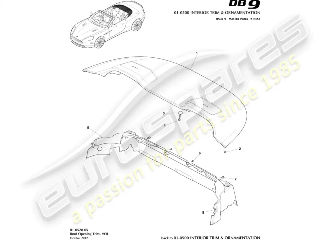 aston martin db9 (2016) roof opening trim, volante parts diagram