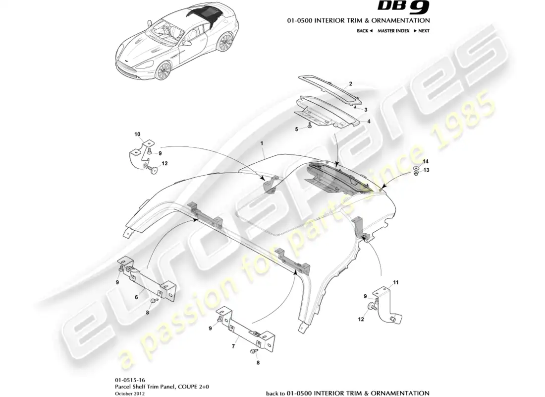 aston martin db9 (2016) parcel shelf trim panel, 2+0 coupe parts diagram