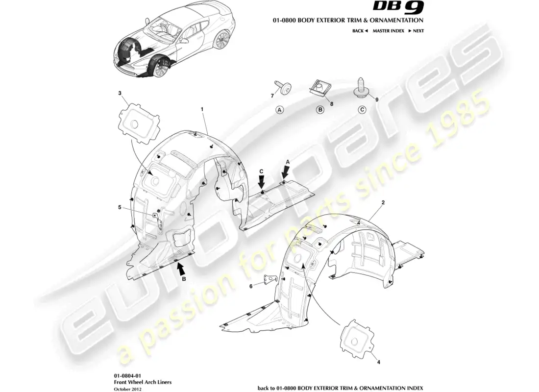 aston martin db9 (2015) front wheel arch liners parts diagram