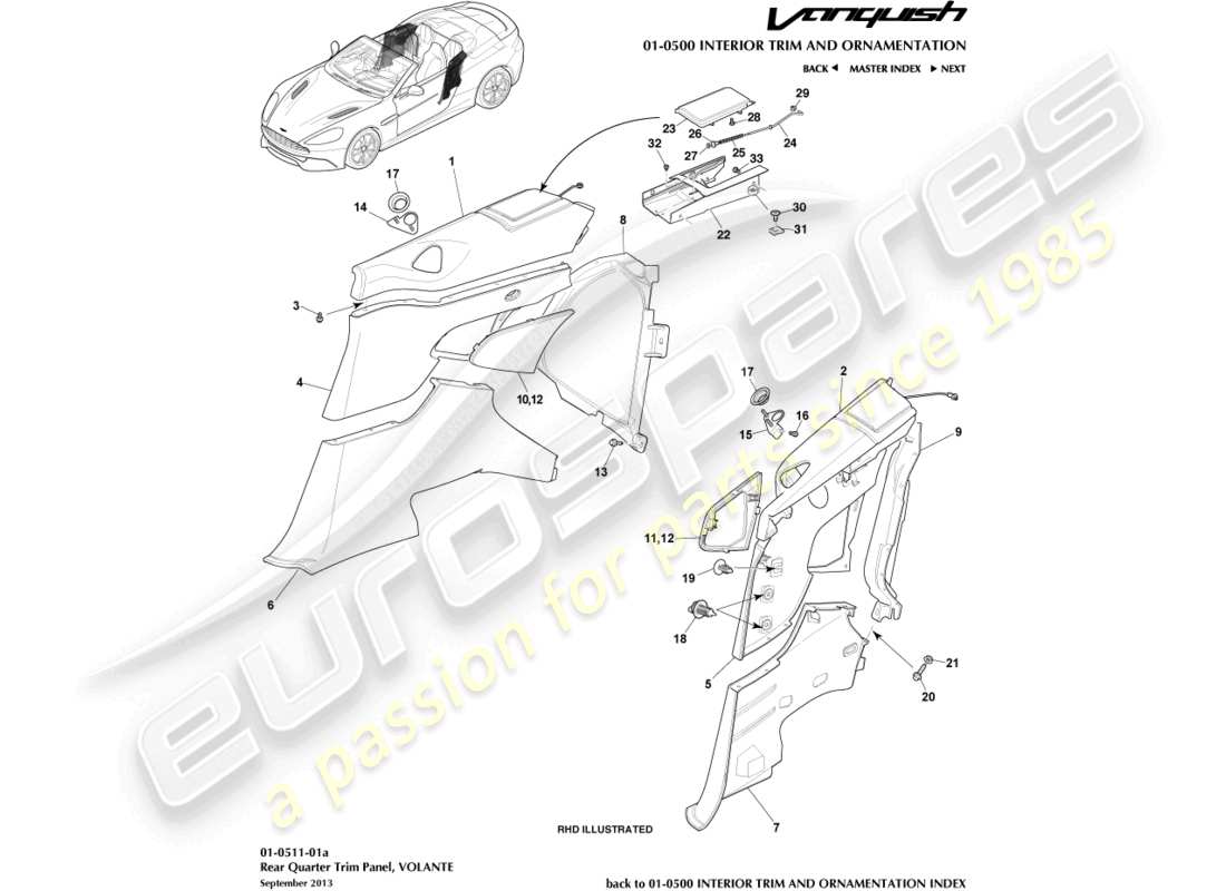 aston martin vanquish (2016) rear quarter trim panel, volante part diagram