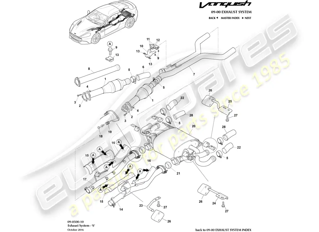 aston martin vanquish (2015) exhaust system, s parts diagram