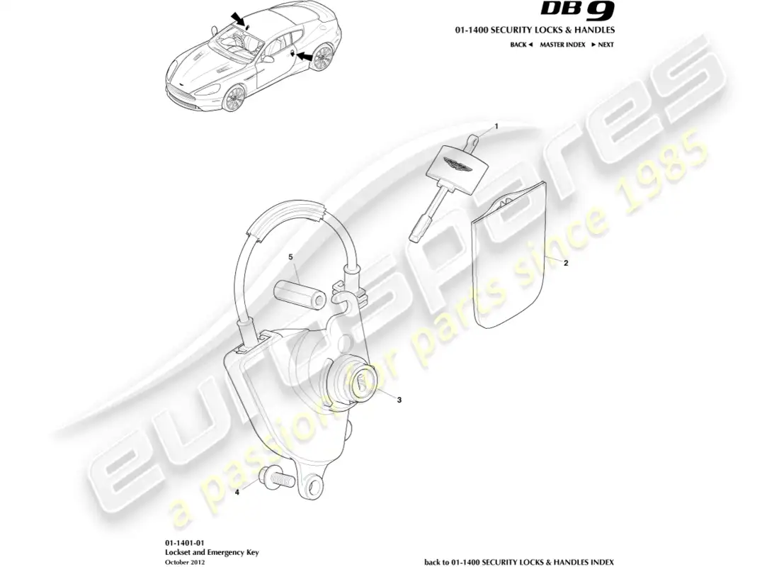 aston martin db9 (2013) lock set and keys parts diagram