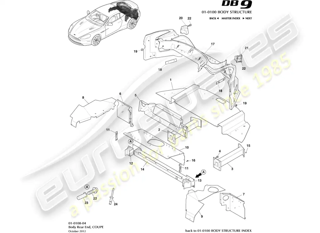 aston martin db9 (2016) body rear end, coupe parts diagram