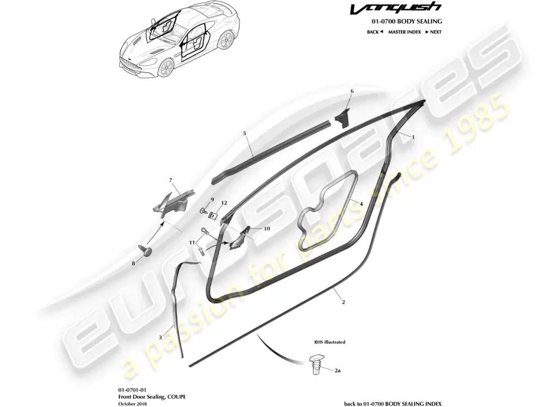 aston martin vanquish (2016) door weatherstrips, coupe parts diagram