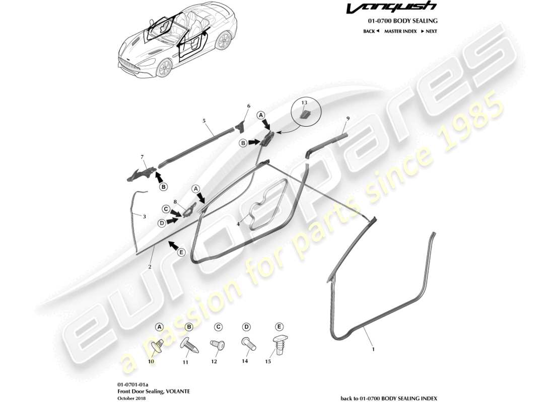 aston martin vanquish (2016) door weatherstrips, volante part diagram