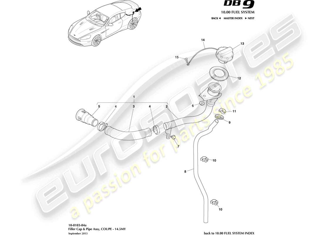 aston martin db9 (2013) fuel filler assembly, coupe 14.5my parts diagram