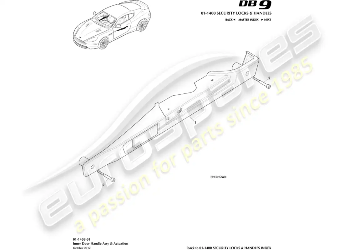 aston martin db9 (2013) inner handles & actuation parts diagram