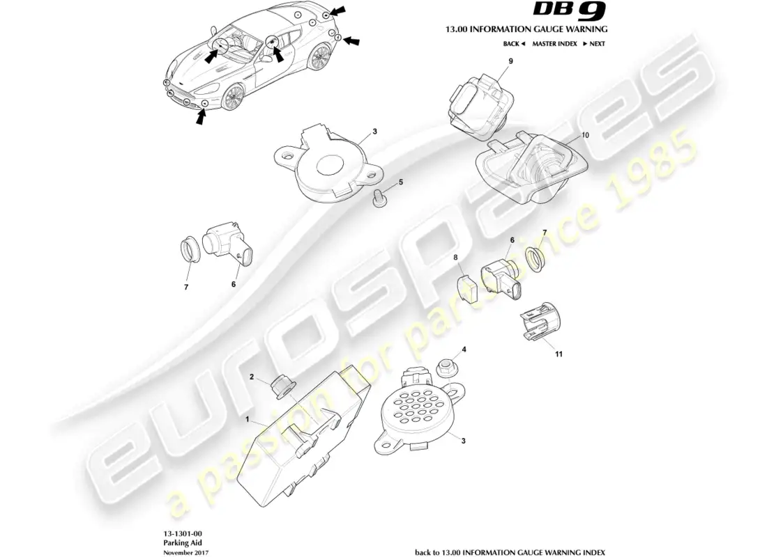 aston martin db9 (2016) parking aid parts diagram