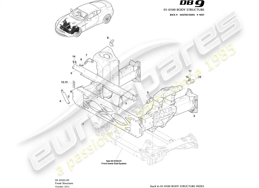 aston martin db9 (2013) front structure parts diagram