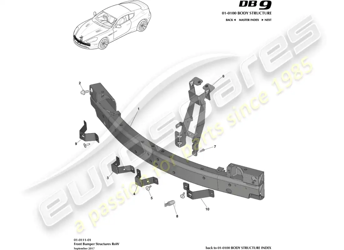 aston martin db9 (2015) front bumper structure, row parts diagram