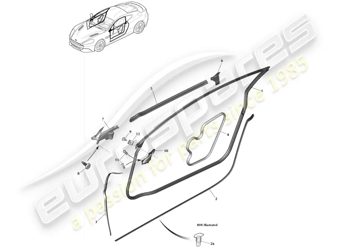 aston martin vanquish (2013) door weatherstrips, coupe parts diagram