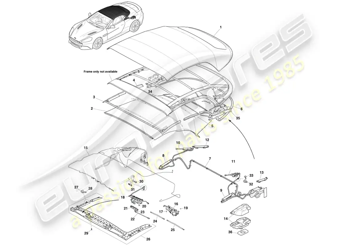 aston martin vanquish (2013) volante roof assembly parts diagram