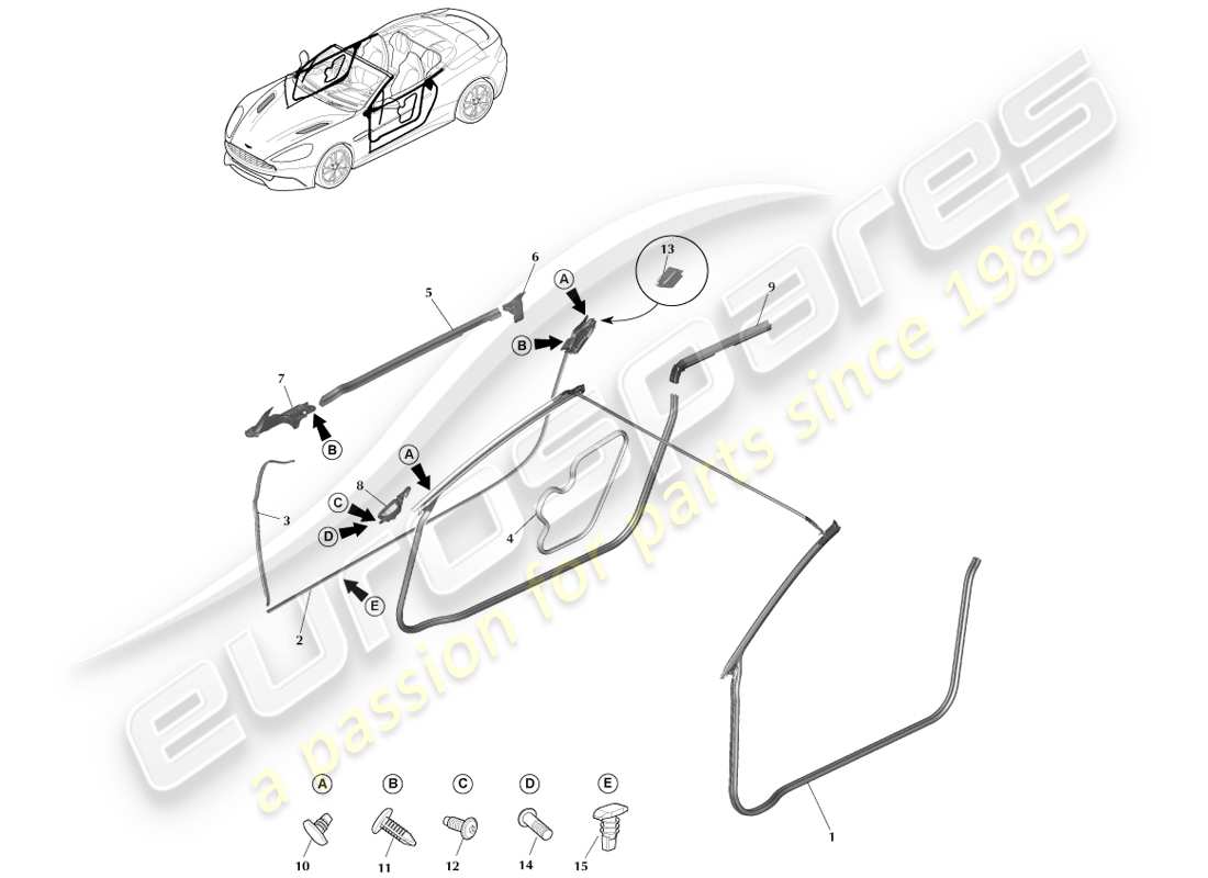 aston martin vanquish (2013) door weatherstrips, volante part diagram