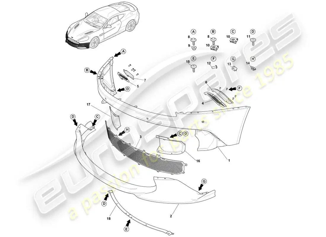 aston martin vanquish (2013) front bumper, s parts diagram