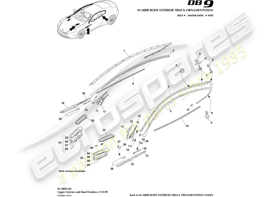 aston martin db9 (2015) upper exterior finishers, coupe parts diagram