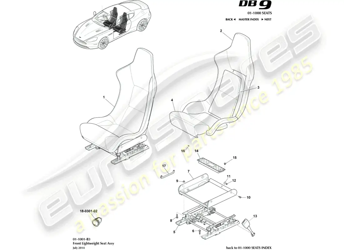 aston martin db9 (2017) front lightweight seats parts diagram