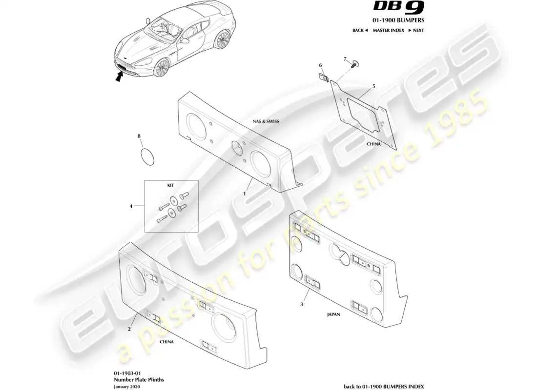aston martin db9 (2017) number plate plinths parts diagram