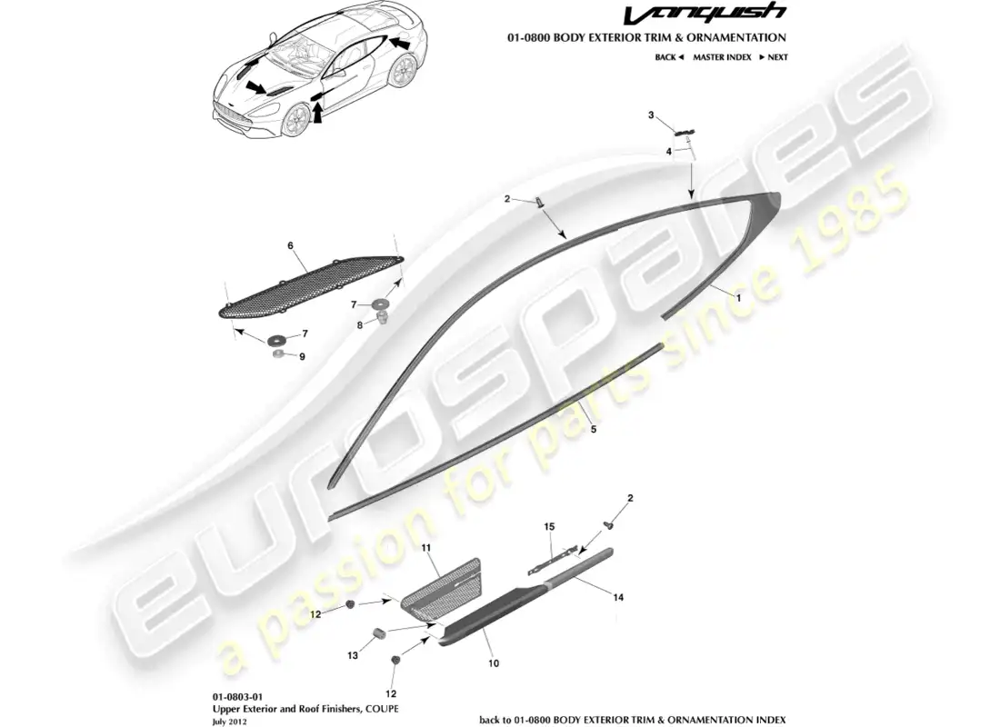 aston martin vanquish (2016) upper exteriod finishers, coupe parts diagram