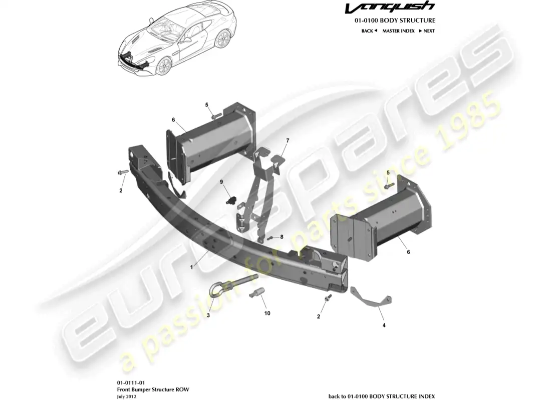 aston martin vanquish (2017) front bumper structure, row parts diagram