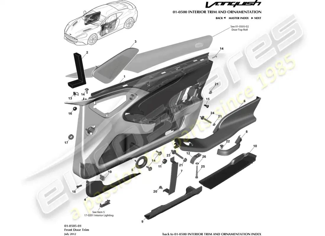 aston martin vanquish (2016) front door trim panel parts diagram