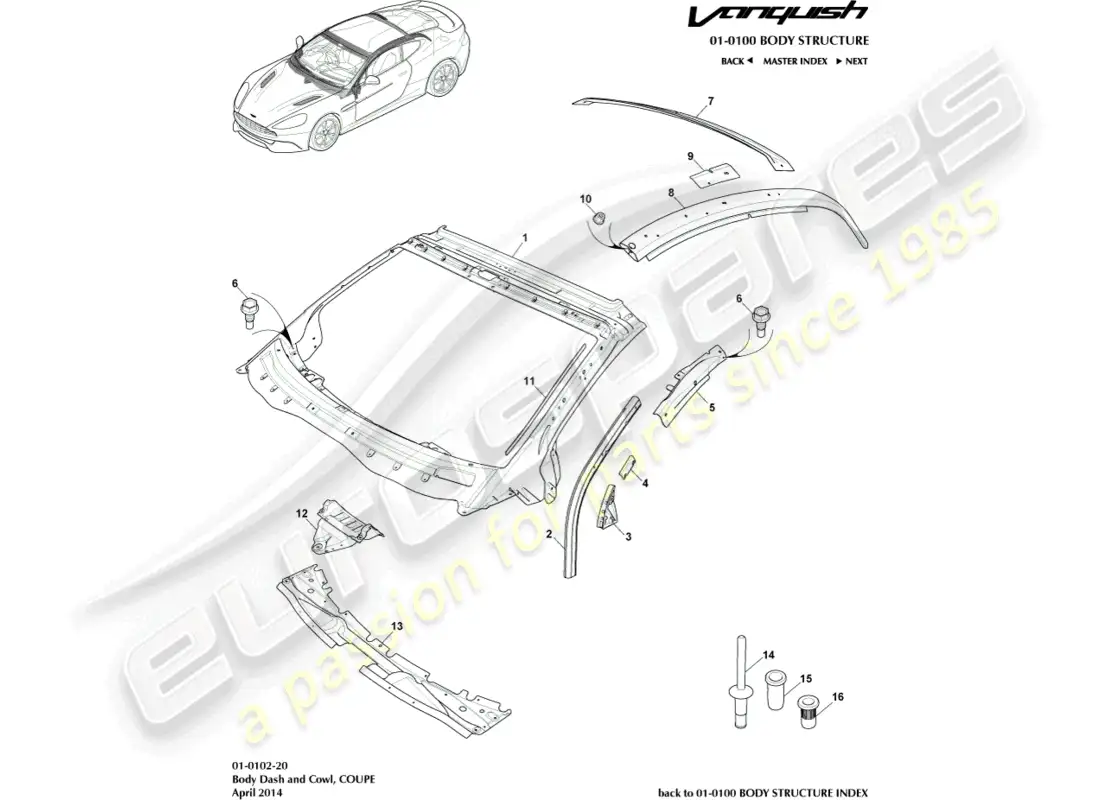 aston martin vanquish (2018) body dash & cowl, coupe parts diagram
