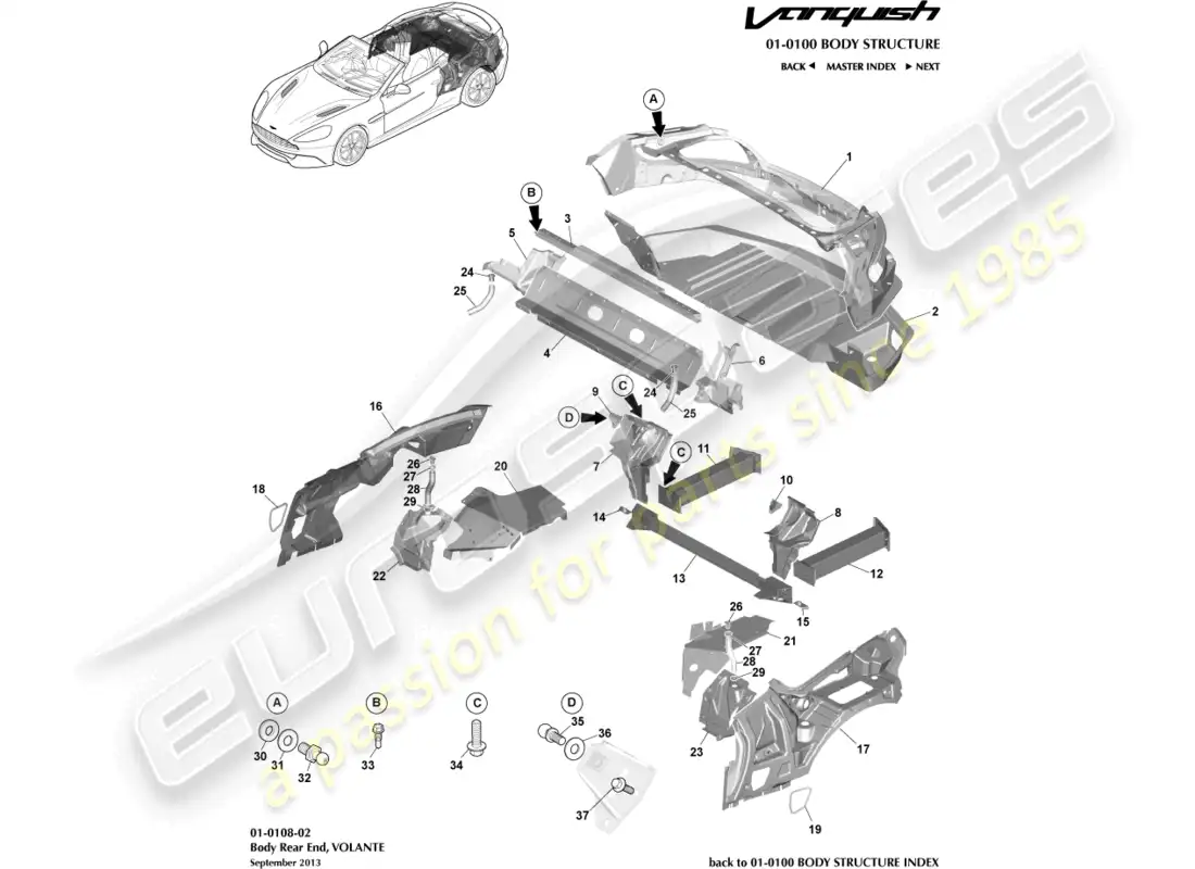 aston martin vanquish (2016) body rear end, volante parts diagram