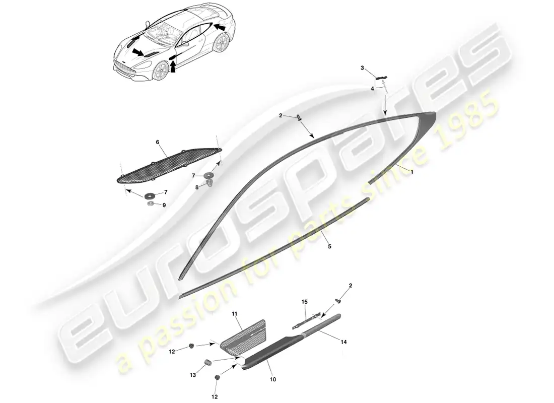 aston martin vanquish (2013) upper exterior finishers, coupe parts diagram
