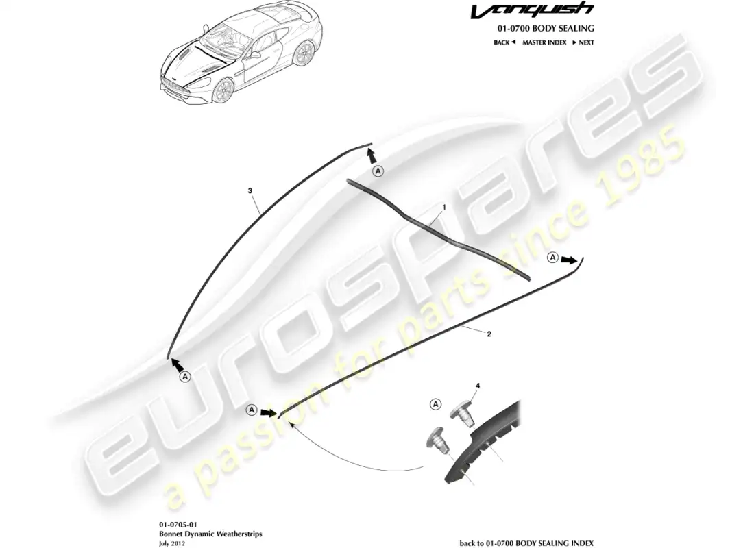 aston martin vanquish (2016) bonnet weatherstrips parts diagram
