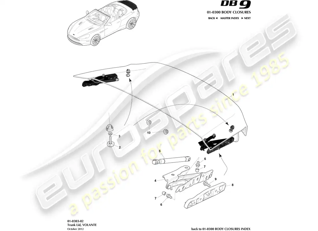 aston martin db9 (2013) trunk lid & hinge, volante parts diagram