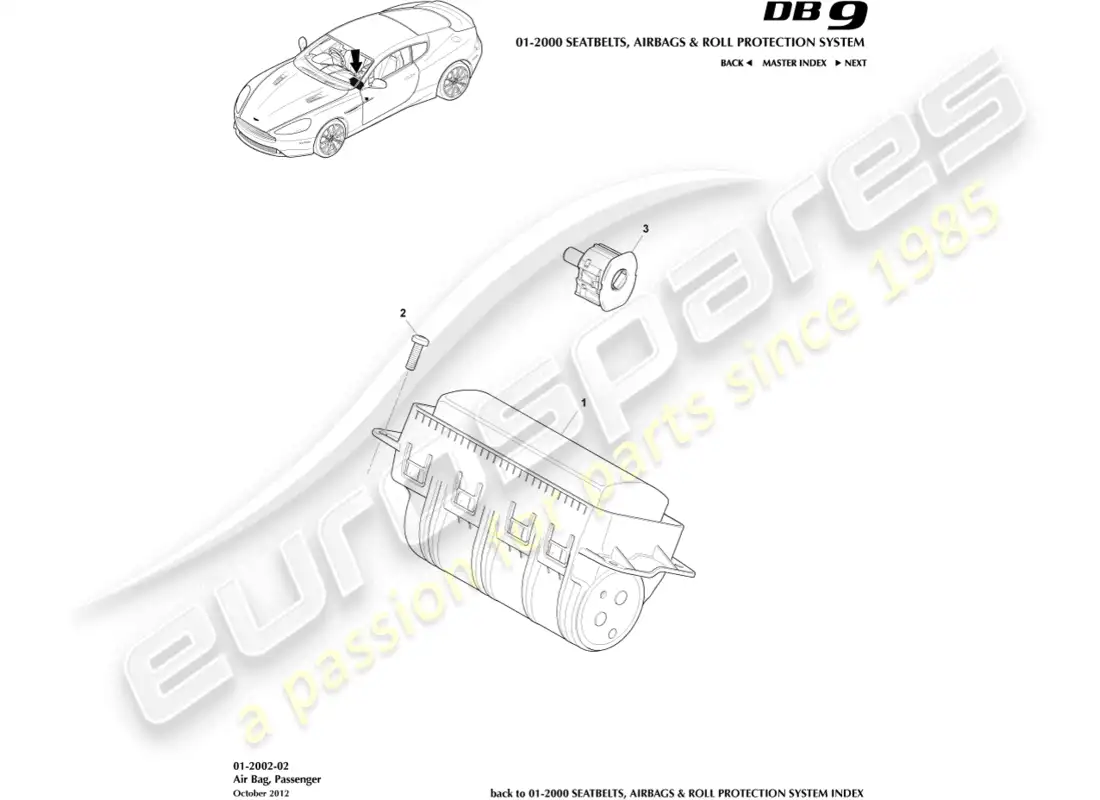 aston martin db9 (2016) airbag, passenger parts diagram