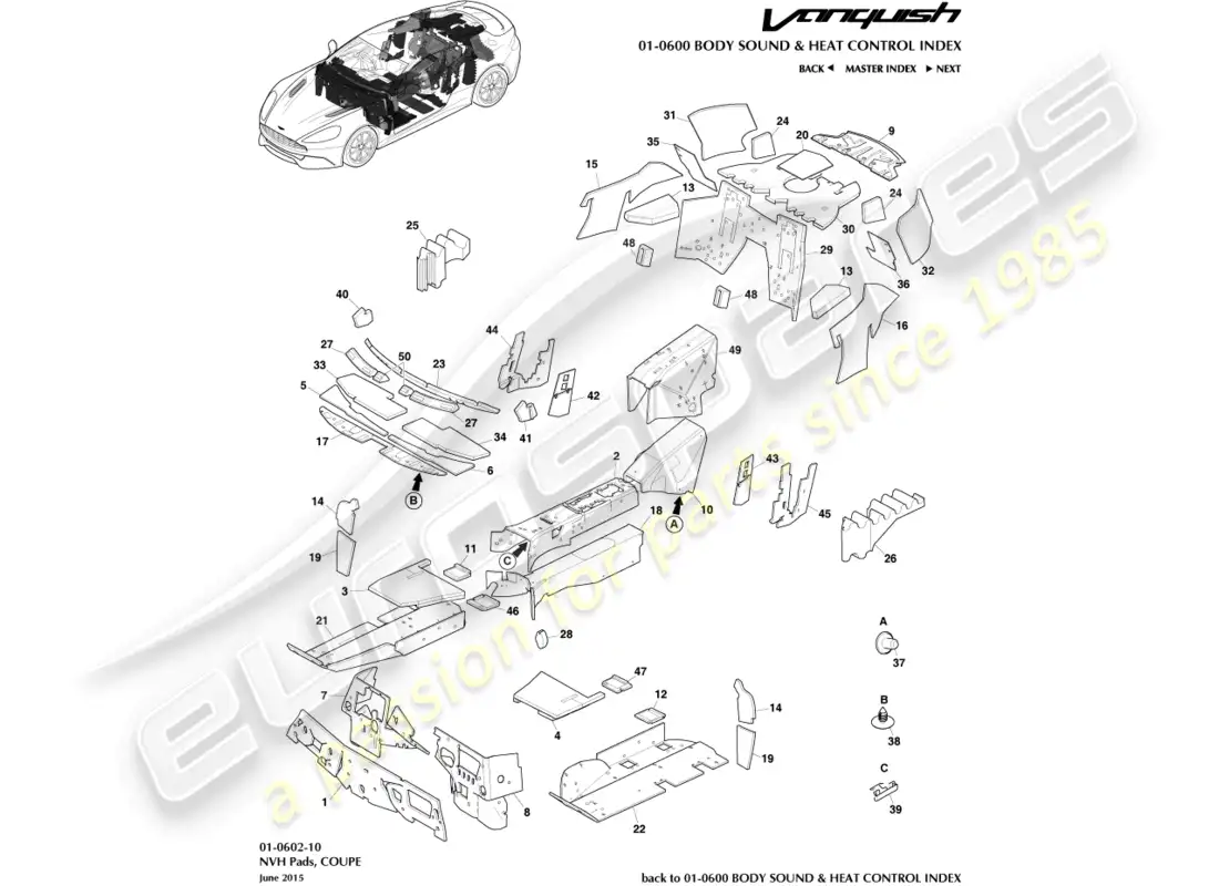 aston martin vanquish (2018) noise insulation, coupe parts diagram