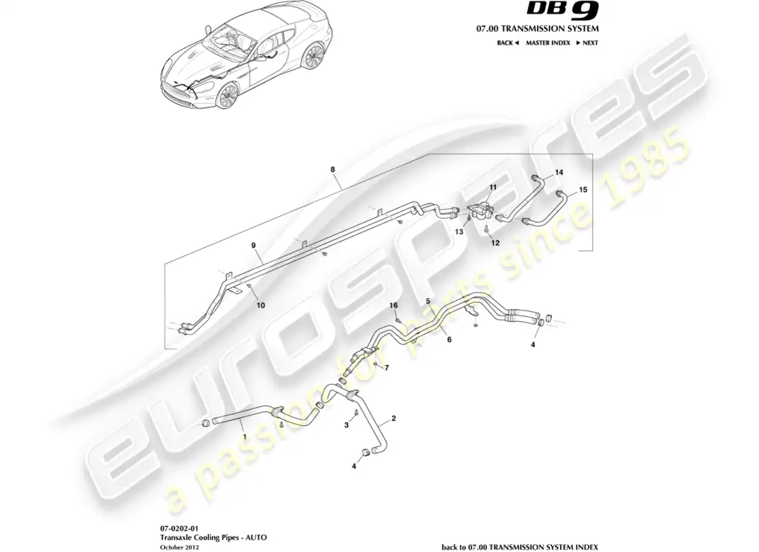 aston martin db9 (2015) transmission oil cooler pipes parts diagram