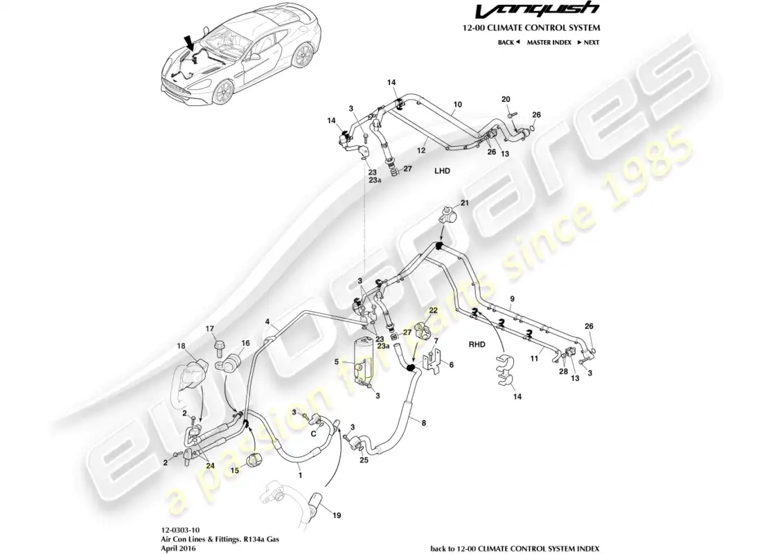 aston martin vanquish (2017) air con lines, r134a gas parts diagram