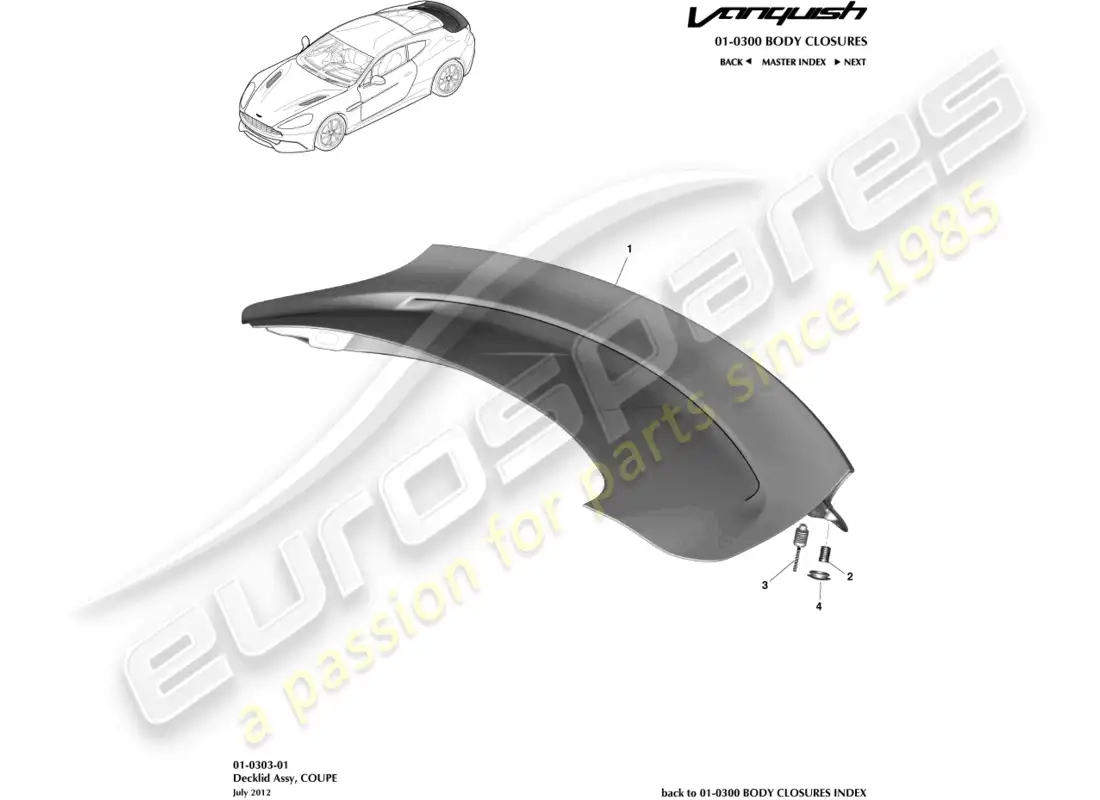 aston martin vanquish (2018) tailgate assembly, coupe parts diagram